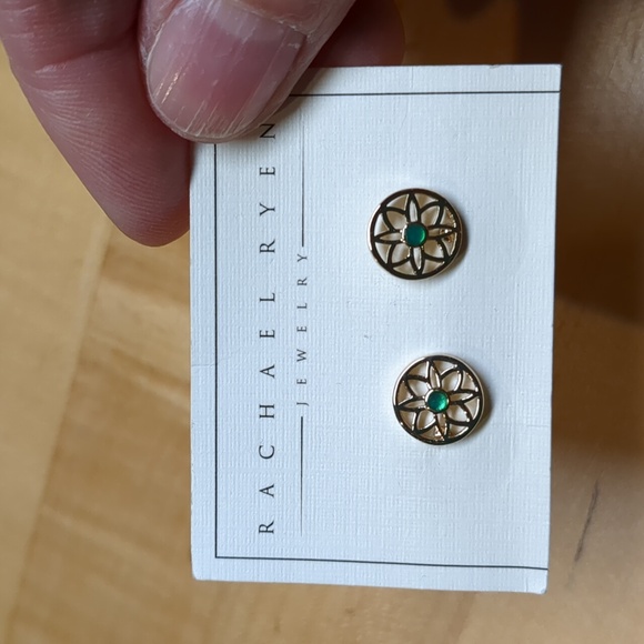 Rachael Ryen gold and emerald floral stud earrings - Picture 2 of 3